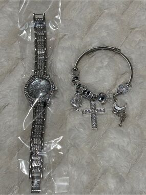 Silver Crystal Cross Charm Bangle Bracelet & Watch Set - Women Jewelry